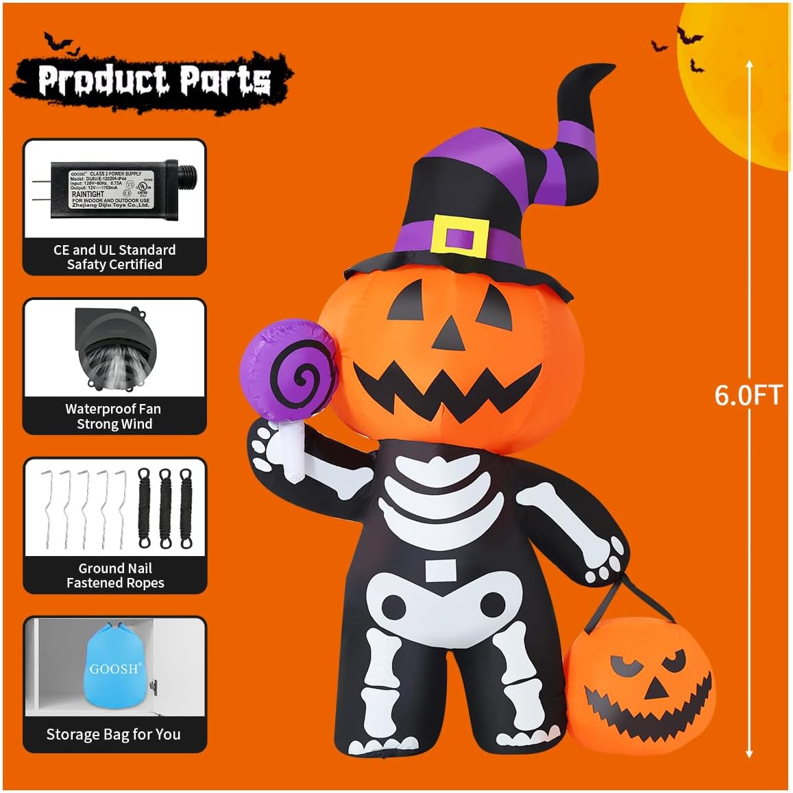 6FT Pumpkin Skeleton Halloween Inflatable β Light-Up Yard Decor