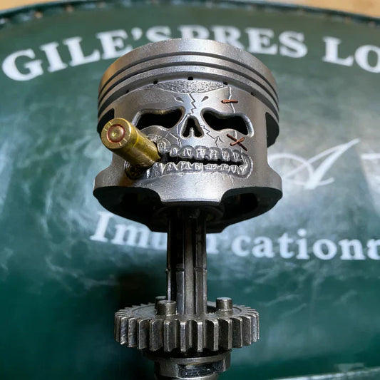 Piston Posse Custom Skull Sculpture on Gear Base: A Journey from Forgotten Metal to Unique Art