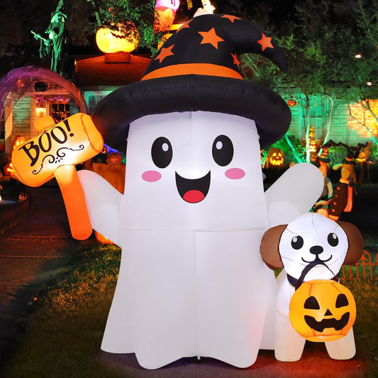 5FT Ghost & Puppy Halloween Inflatable – Light-Up Yard Decor
