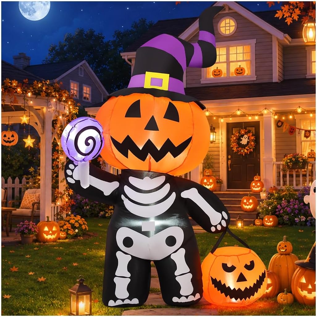 6FT Pumpkin Skeleton Halloween Inflatable – Light-Up Yard Decor