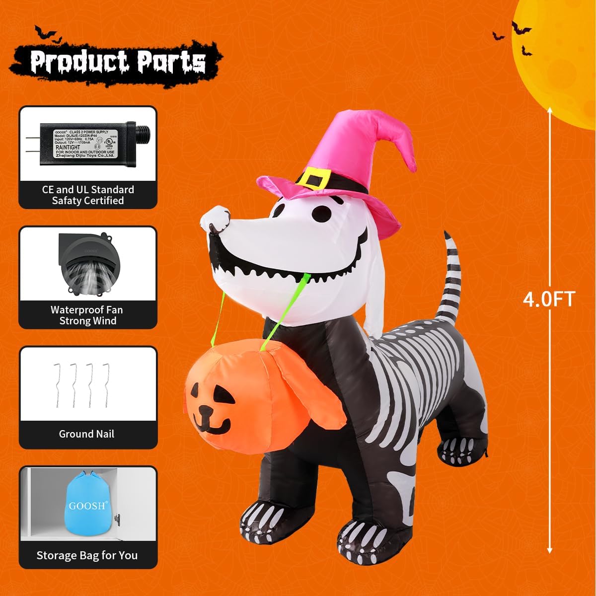 4FT Skeleton Dog Halloween Inflatable – Light-Up Yard Decor
