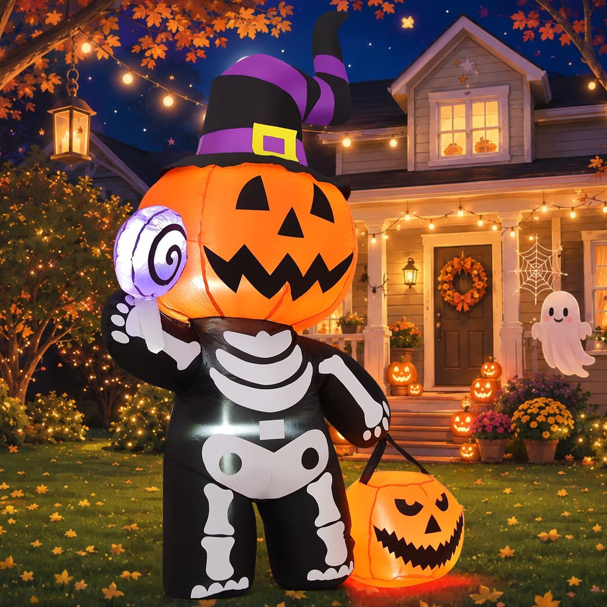 6FT Pumpkin Skeleton Halloween Inflatable – Light-Up Yard Decor