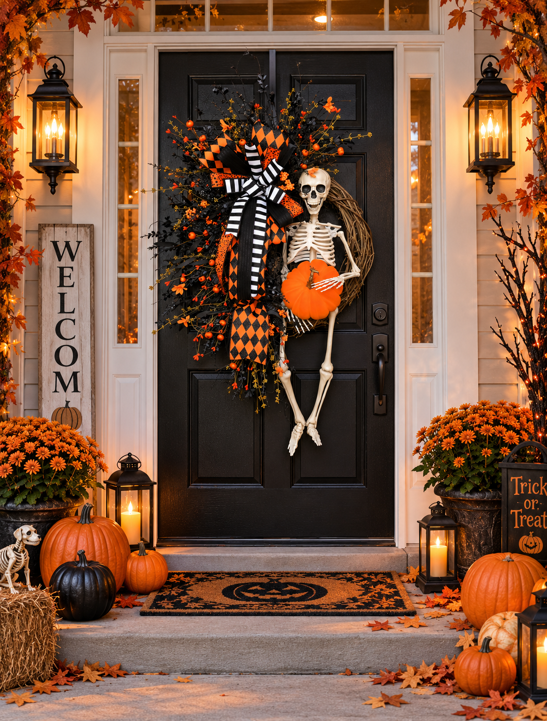 Halloween Skeleton Wreath with Pumpkin – 35" Front Door Decor