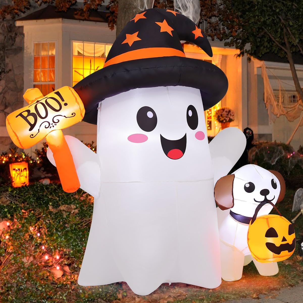 5FT Ghost & Puppy Halloween Inflatable – Light-Up Yard Decor