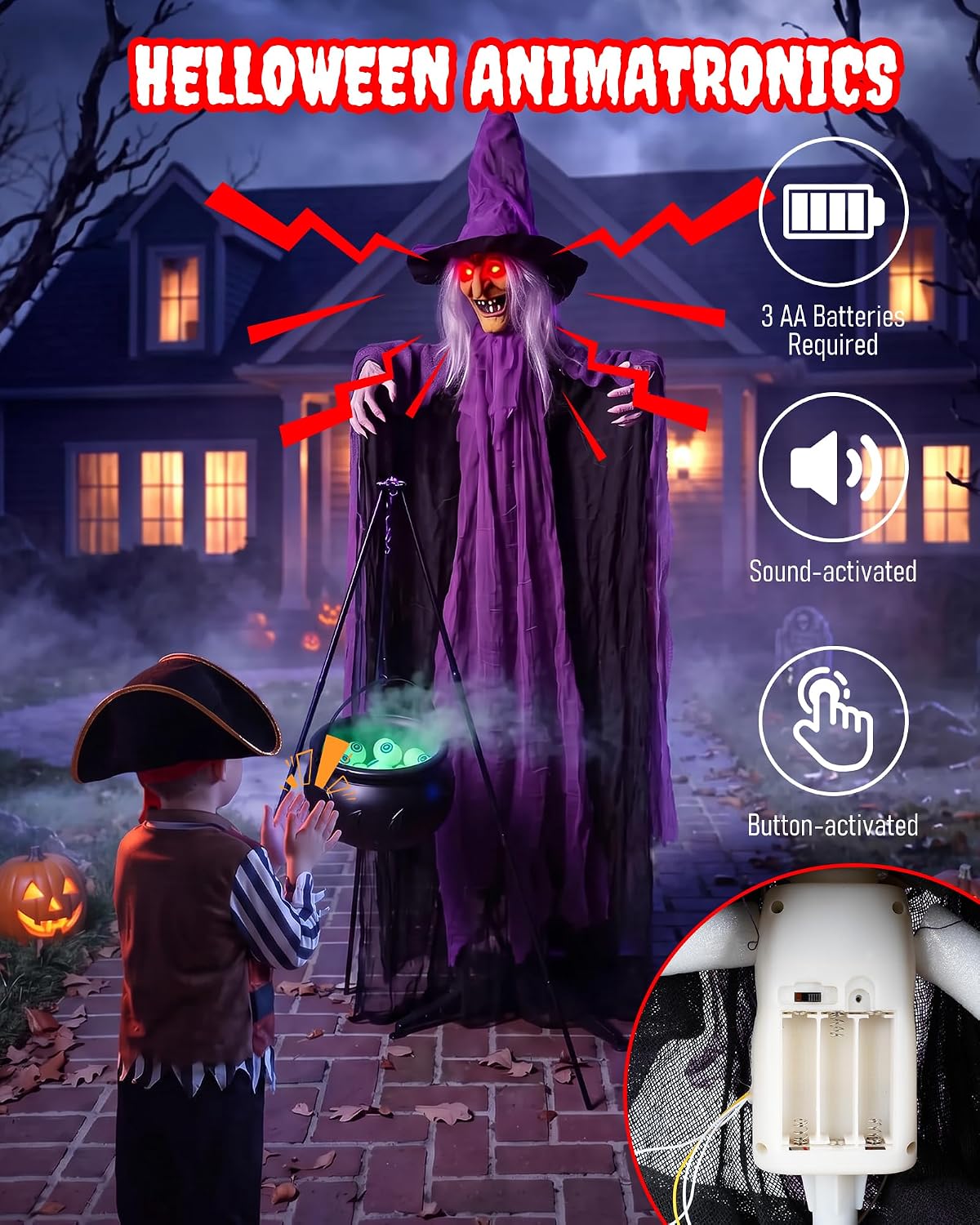 5.9FT Animatronic Witch with Glowing Eyes & Creepy Sounds