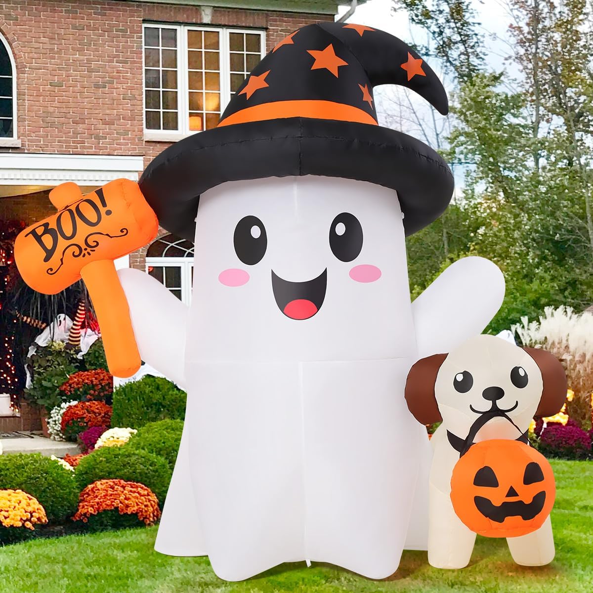 5FT Ghost & Puppy Halloween Inflatable – Light-Up Yard Decor