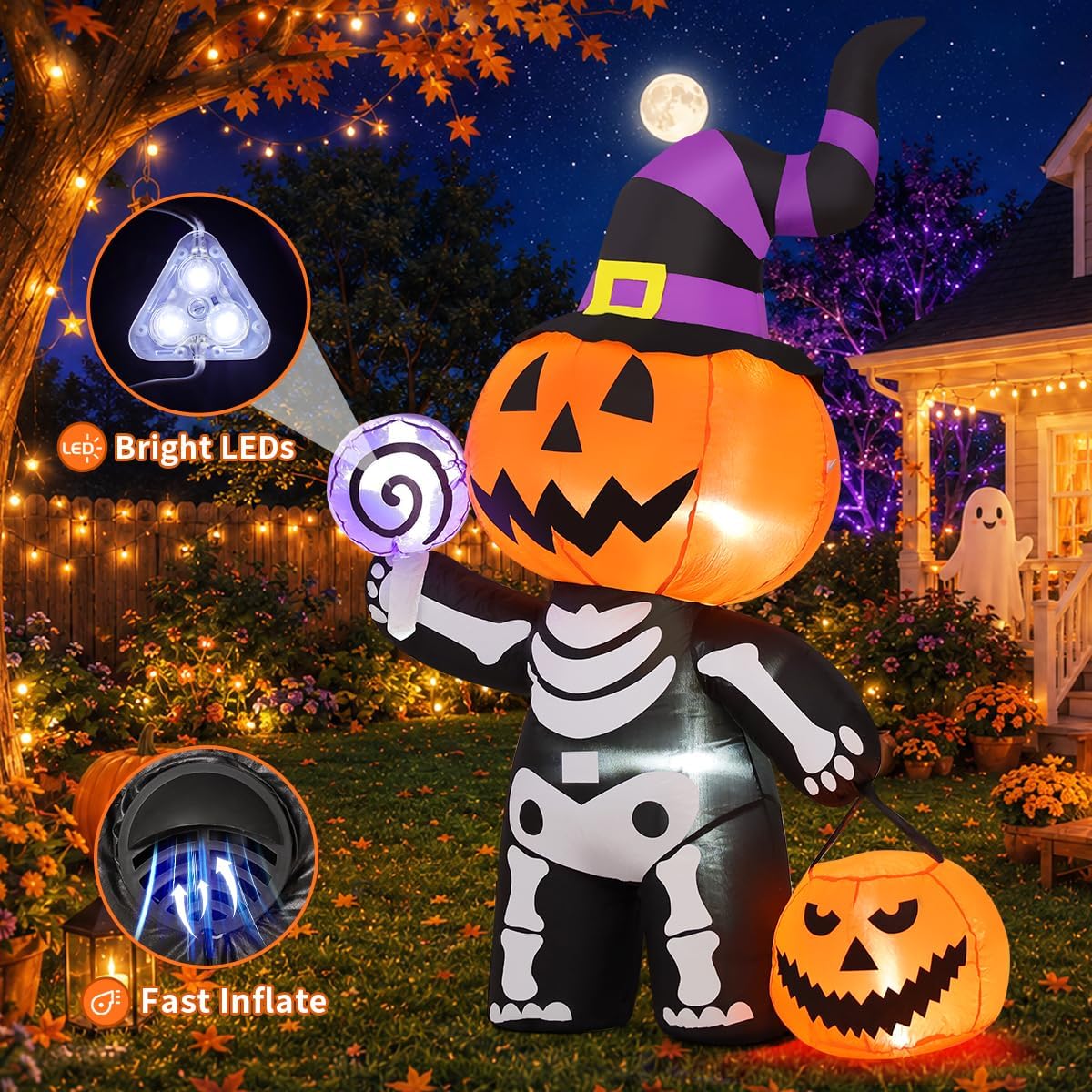 6FT Pumpkin Skeleton Halloween Inflatable – Light-Up Yard Decor