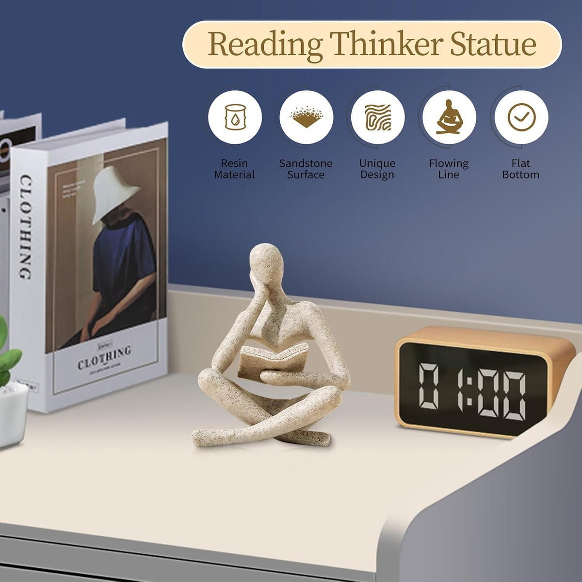 Reading Thinker Statue – Abstract Bookshelf Decor