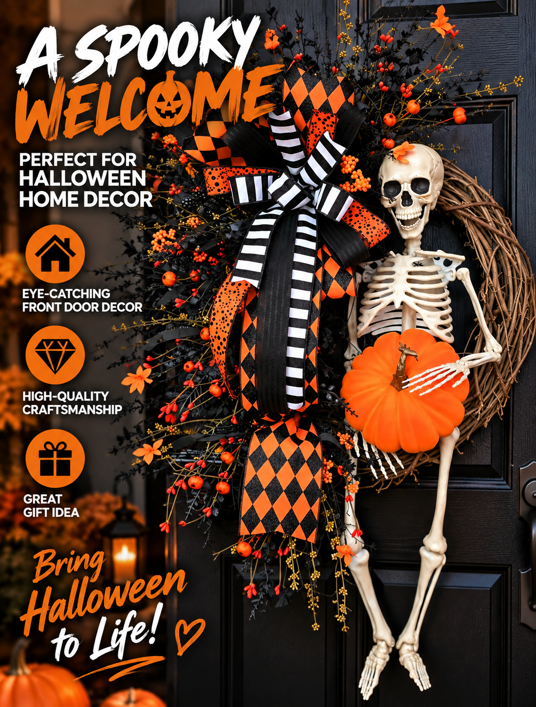 Halloween Skeleton Wreath with Pumpkin – 35" Front Door Decor
