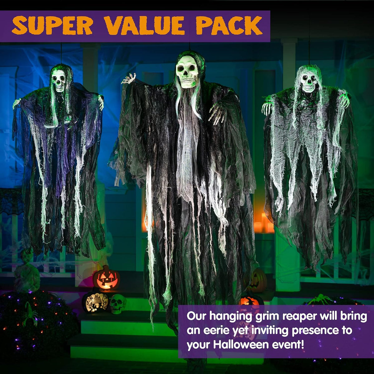 3-Pack Hanging Skeleton Ghosts – Halloween Outdoor Decorations