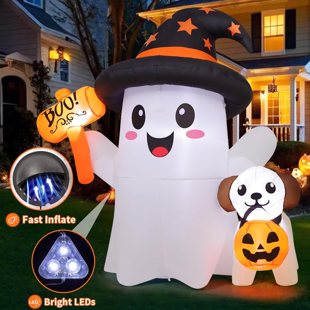 5FT Ghost & Puppy Halloween Inflatable – Light-Up Yard Decor
