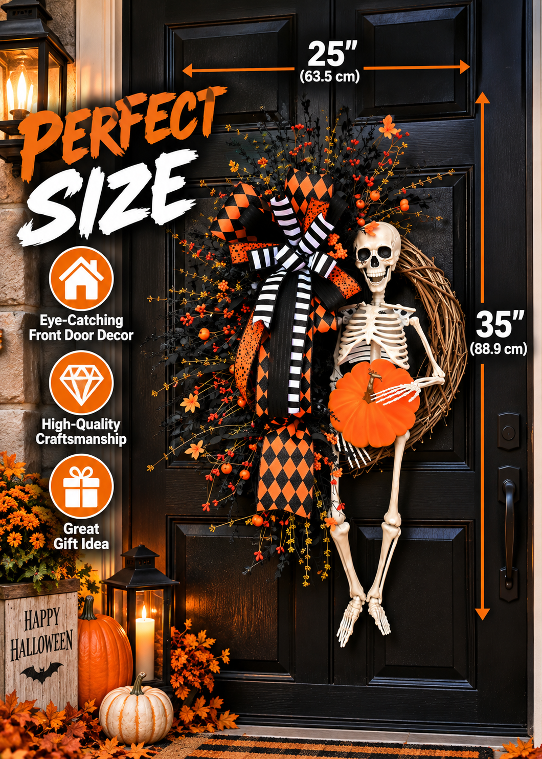 Halloween Skeleton Wreath with Pumpkin – 35" Front Door Decor