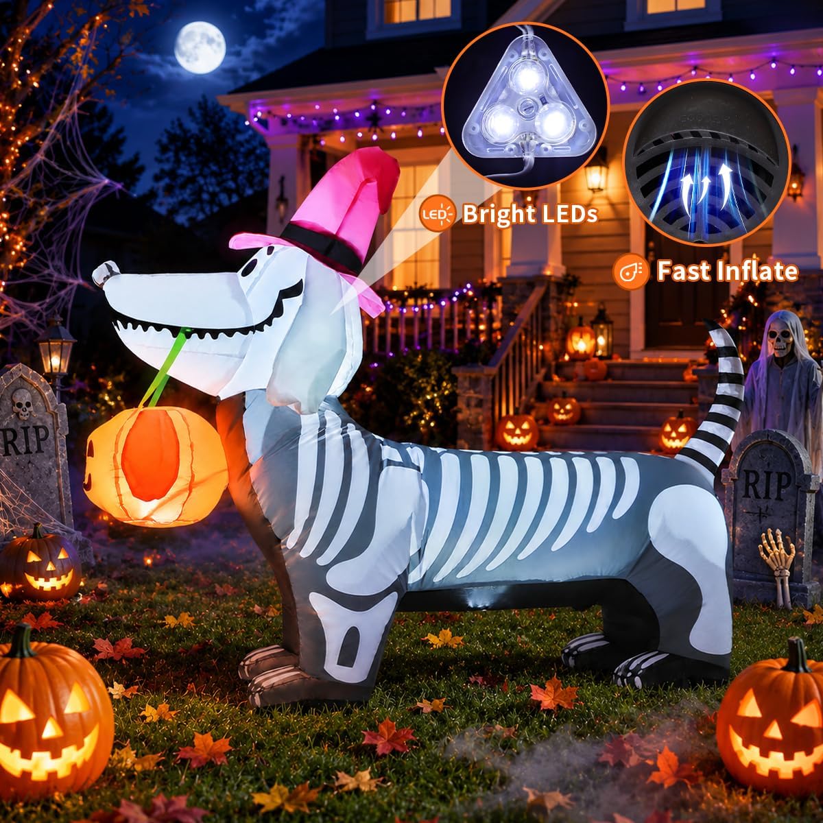 4FT Skeleton Dog Halloween Inflatable – Light-Up Yard Decor