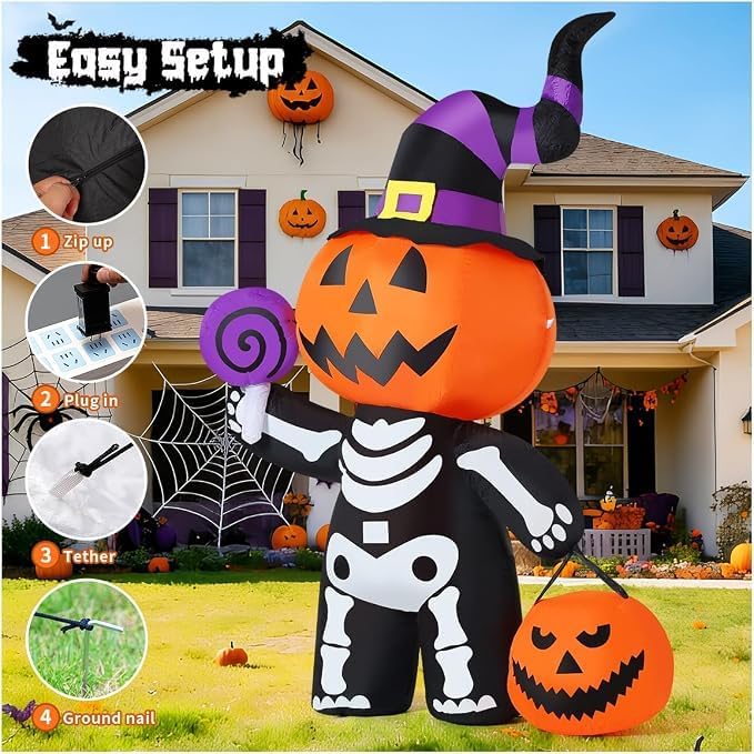 6FT Pumpkin Skeleton Halloween Inflatable – Light-Up Yard Decor