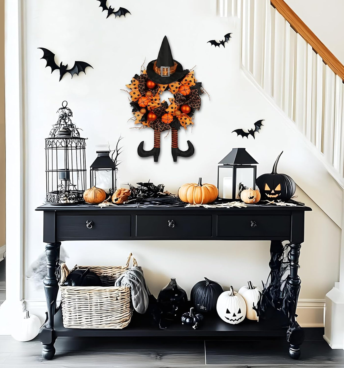 Halloween Witch Wreath – Pumpkin & Witch Legs Front Door Decor