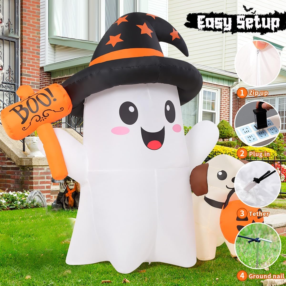 5FT Ghost & Puppy Halloween Inflatable – Light-Up Yard Decor