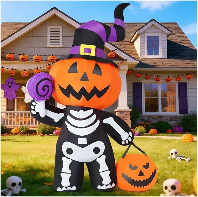 6FT Pumpkin Skeleton Halloween Inflatable – Light-Up Yard Decor