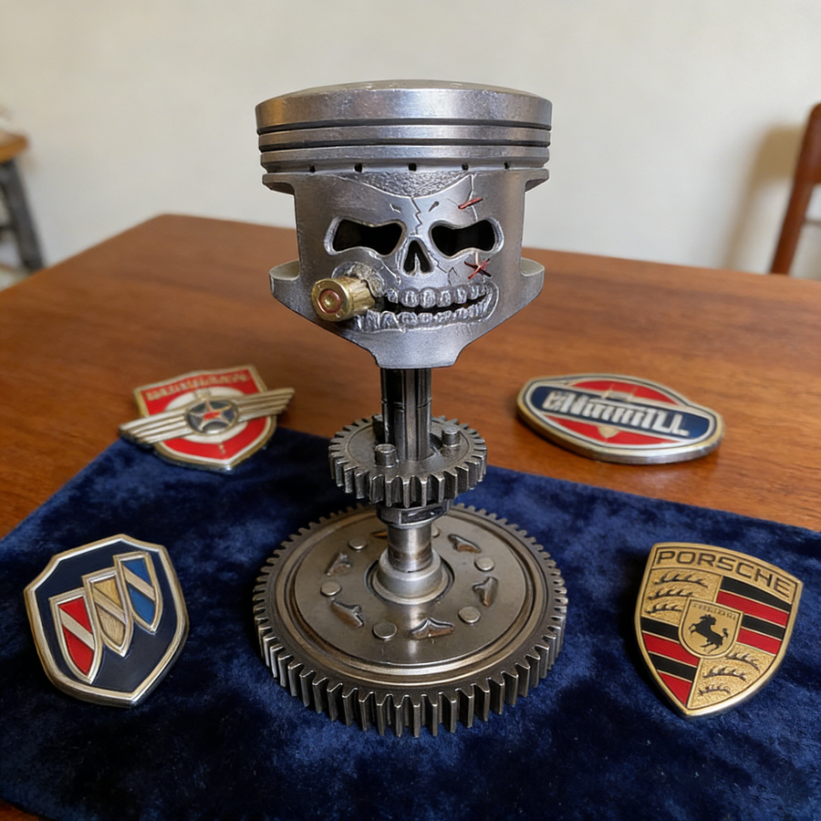 Handcrafted Piston Skull Sculpture – Real Engine Parts