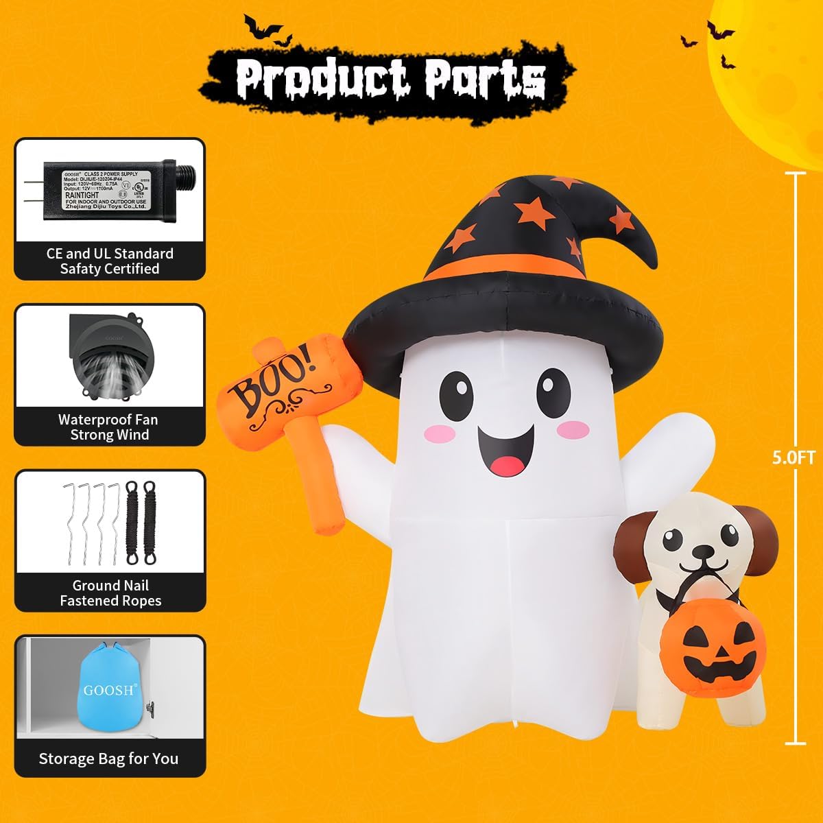 5FT Ghost & Puppy Halloween Inflatable – Light-Up Yard Decor
