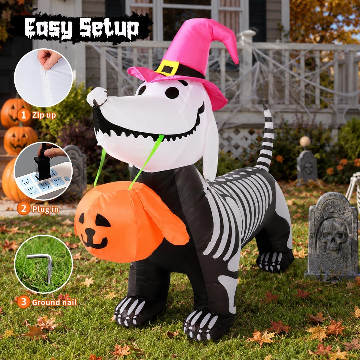 4FT Skeleton Dog Halloween Inflatable – Light-Up Yard Decor