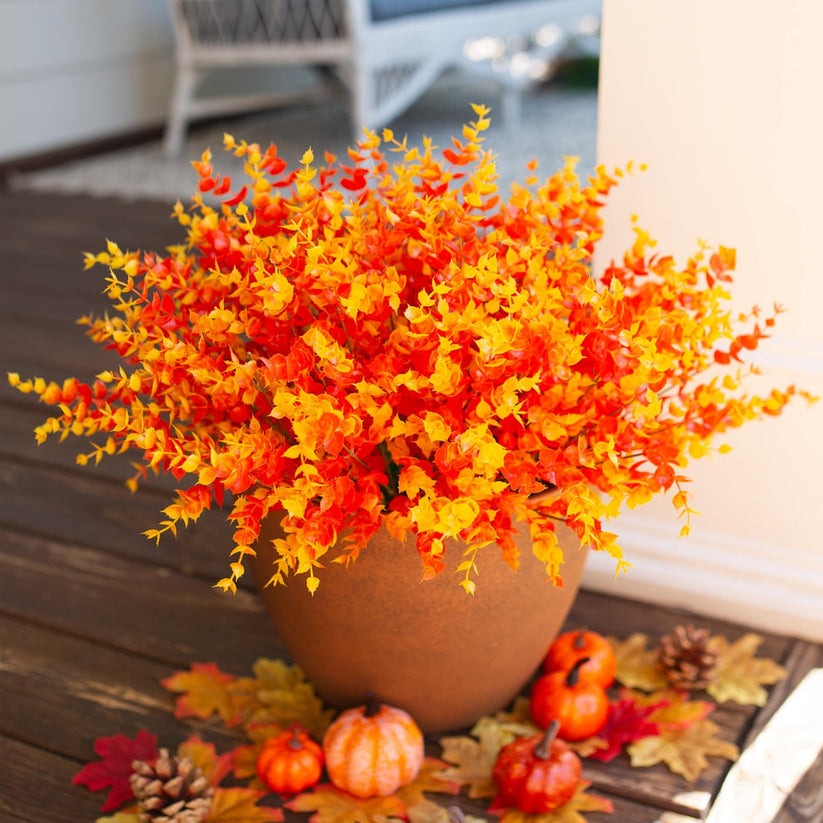 💐12 Flores Artificiais de Eucalipto Laranja Resistentes aos Raios UV: ideal para pátios, varandas e sacadas