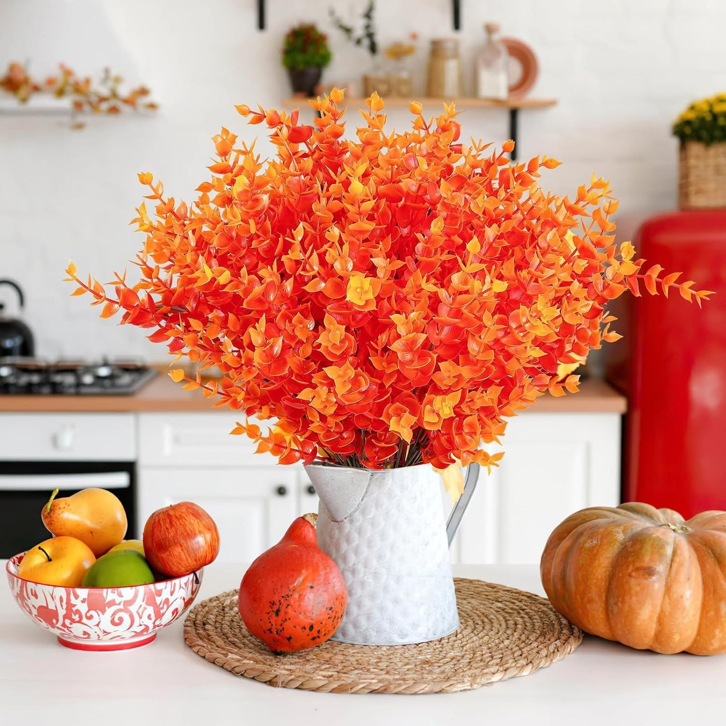 💐12 Flores Artificiais de Eucalipto Laranja Resistentes aos Raios UV: ideal para pátios, varandas e sacadas